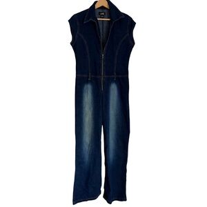 Lips Vtg Y2K Denim Flared Jumpsuit Woman’s Sz Large Retro Hippie Boho Disco Body